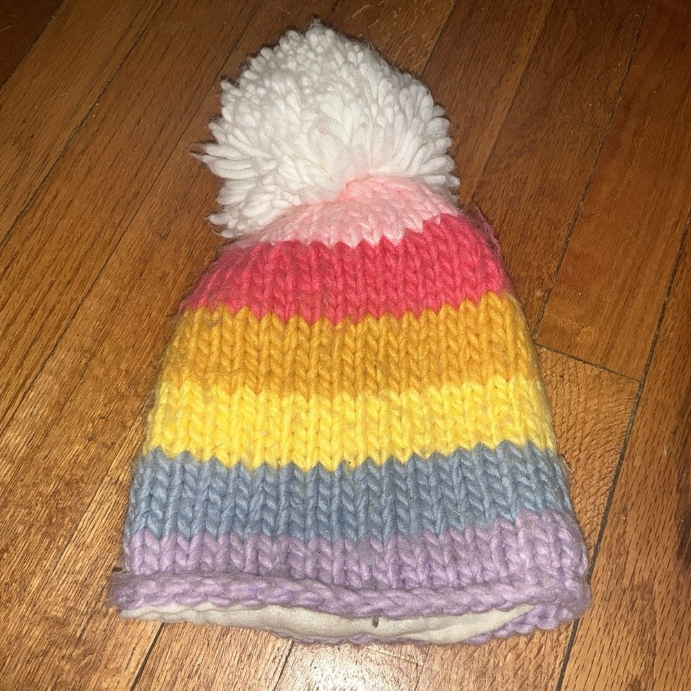 Hat Beanie Pom KNit Lightweight Youth Size Warm Winter Rainbow Pink Girls Blue